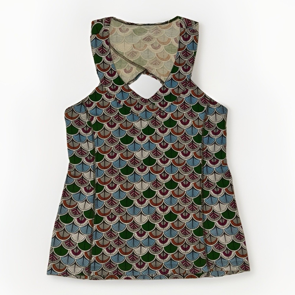 Ibex Merino Wool Organic Cotton Sport Tank Top Built-In Bra L Leaf Geo Hiking